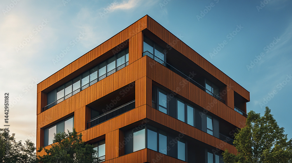 Fototapeta premium Modern wooden facade office building twilight sky, showcasing sleek architecture and design