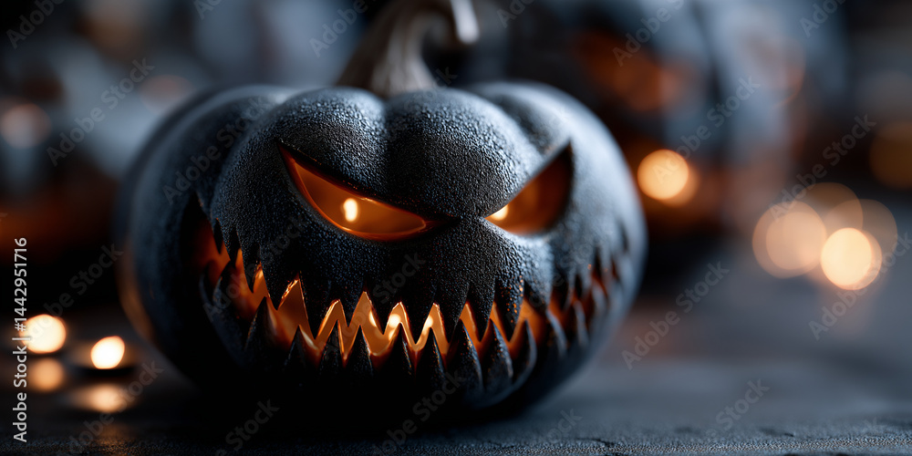 Gruseliger schwarzer Halloween-Kürbis mit leuchtend orangem Gesicht und zackigem Lächeln im Dunkeln
