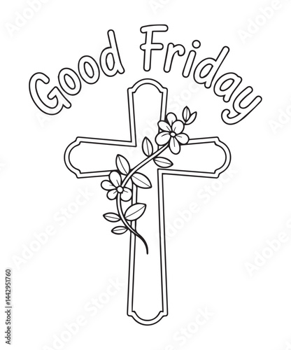 Christian cross symbol good friday coloring page for kids, black line art vector illustration on white background 