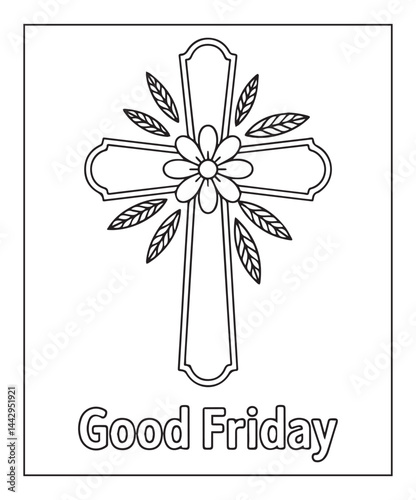 Christian cross symbol good friday coloring page for kids, black line art vector illustration on white background 
