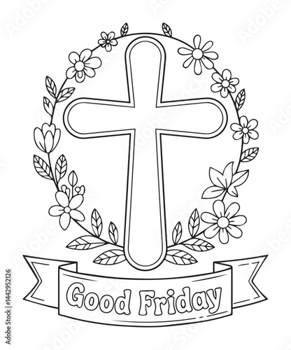 Christian cross symbol good friday coloring page for kids, black line art vector illustration on white background 
