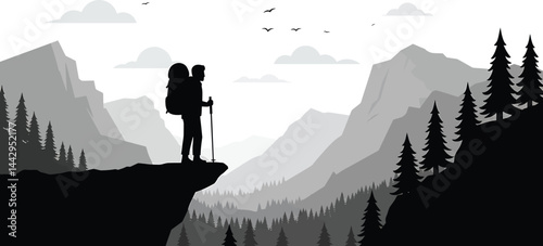 Backpacker on Clifftop, Adventure Vector Illustration