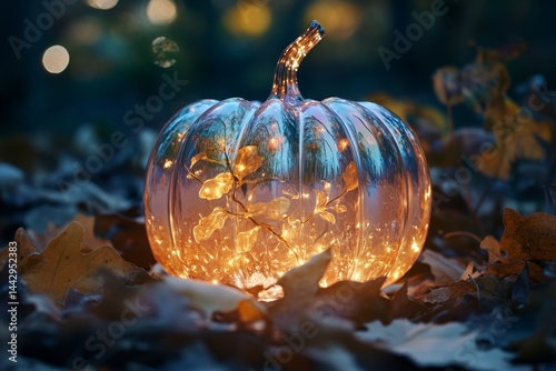 Glowing pumpkin in autumn leaves (1) photo