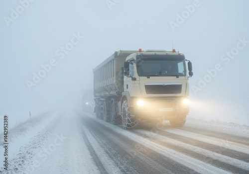 Truck driving on snowy road. photo