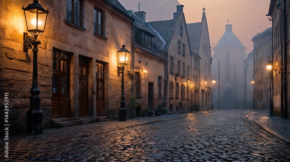 Fototapeta premium Old style town at evening, European city, no people
