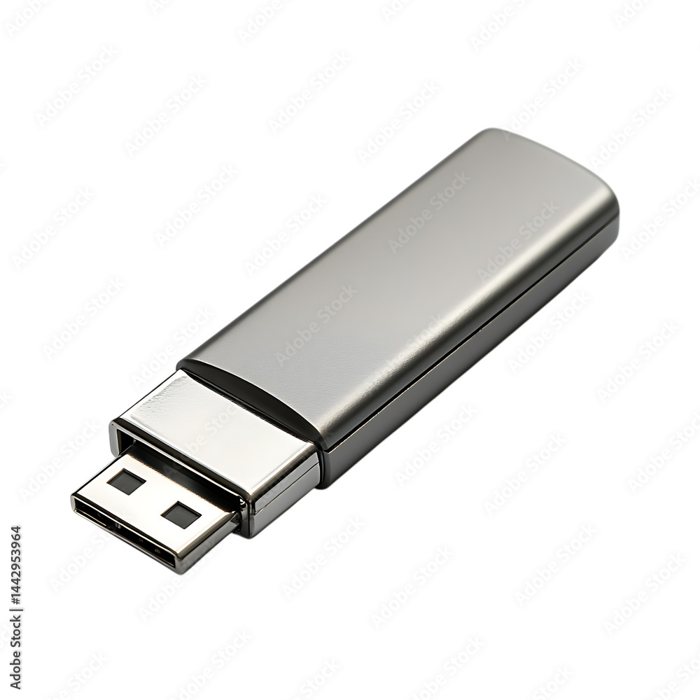 Metallic USB thumb drive with swivel protective cap, displayed at a slight angle on a pure white background Metallic USB thumb drive with swivel protective cap, displayed at a slight angle on a pure white background