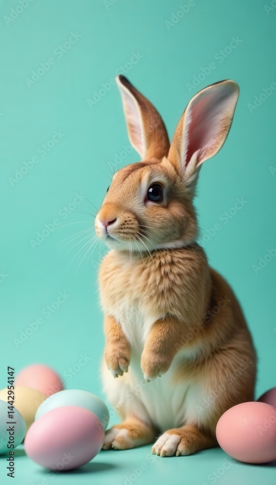 Fototapeta premium Stylish bunny in shades displays pastel Easter eggs against teal , cute, stock, image