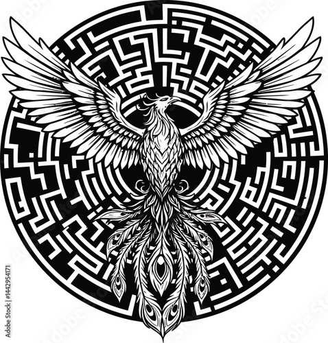 Phoenix Rising from Geometric Labyrinth