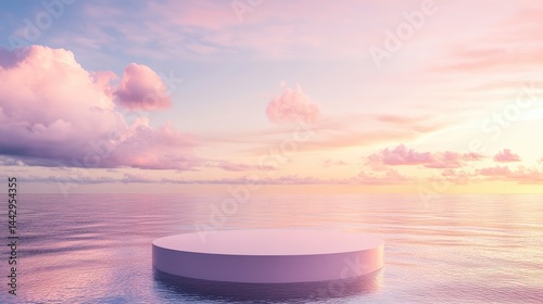 Pastel sunset scene over a placid body of water with a white pedestal.