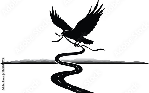 Raven, Ribbon Road, Mysterious Journey, Vector Illustration