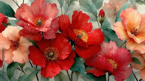 Watercolor floral background with red poppies
