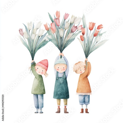 Watercolor picture with children holding a bouquet of tulips, on a white background, mother's day concept