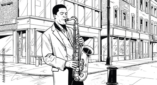 Street Musician Playing Saxophone, Black and White Vector