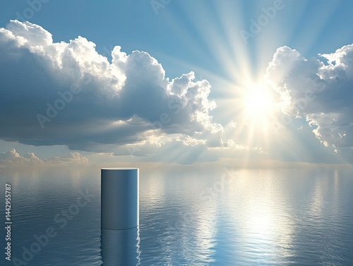 Silvery cylinder floats on placid ocean beneath a radiant sky.
