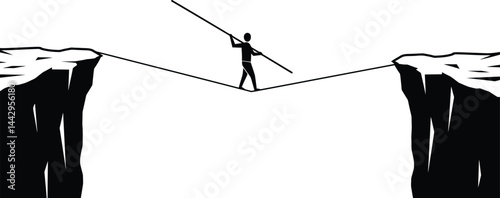 Tightrope Walker Between Cliffs - Risk and Focus