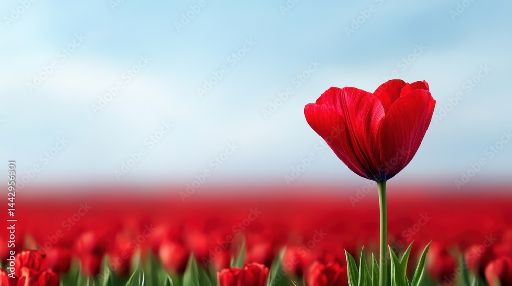 Naklejka premium Vibrant Red Tulip Stands Tall Against a Beautiful Blue Sky Background