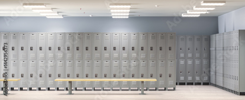 Metal school lockers with combination locks and benches in an empty locker room 3d