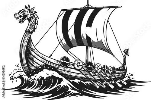 Viking Ship Dragon Head Prow - Black and White Vector Graphic