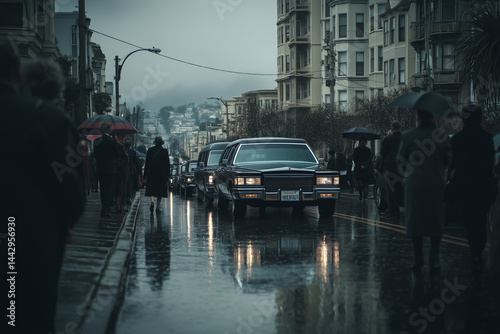 funeral procession with hearse
