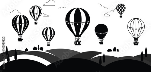 Hot Air Balloons Over Rolling Hills - Vector Illustration