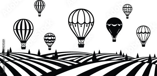 Hot Air Balloons Over Rolling Hills - Vector Illustration