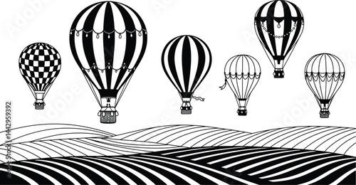 Hot Air Balloons Over Rolling Hills - Vector Illustration