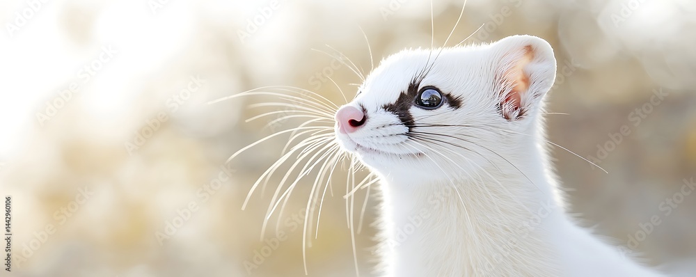 Fototapeta premium Ermine in winter coat looking up in soft focus background