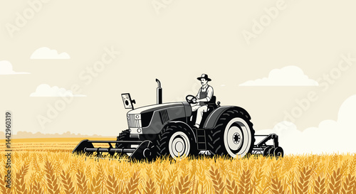 Modern Farmer in Wheat Field, Black and White Vector