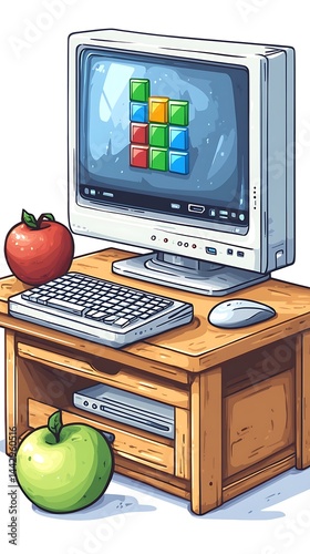 Retro computer setup with fruit