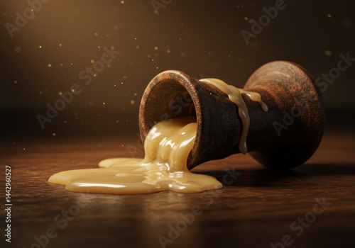 Liquid pouring out of a wooden pipe.