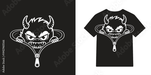 Aggressive Cartoon Devil Monster Emerging from Zipper on Black T-Shirt Mockup - Vector Illustration for Apparel Design, Halloween, and Gothic Style Prints