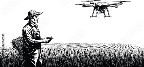 Modern Farmer, Wheat Field, Technology, Black and White Vector