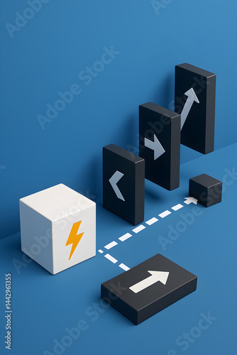 High-concept 3D illustration of directional energy and momentum using white lightning cube and black arrow dominos on solid blue background, dynamic diagonal composition with dashed pathway.