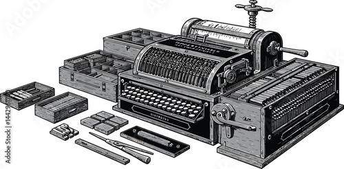 Vintage Typesetting Machinery Vector Illustration