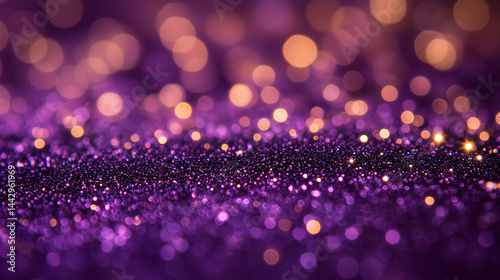 Abstract purple background with glitter and bokeh lights.