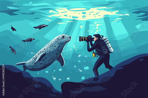 Underwater photographer taking picture of seal