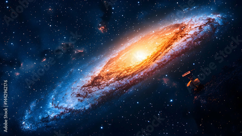 A dazzling space scene showcasing a brilliant galaxy and cosmic dust against a backdrop of stars