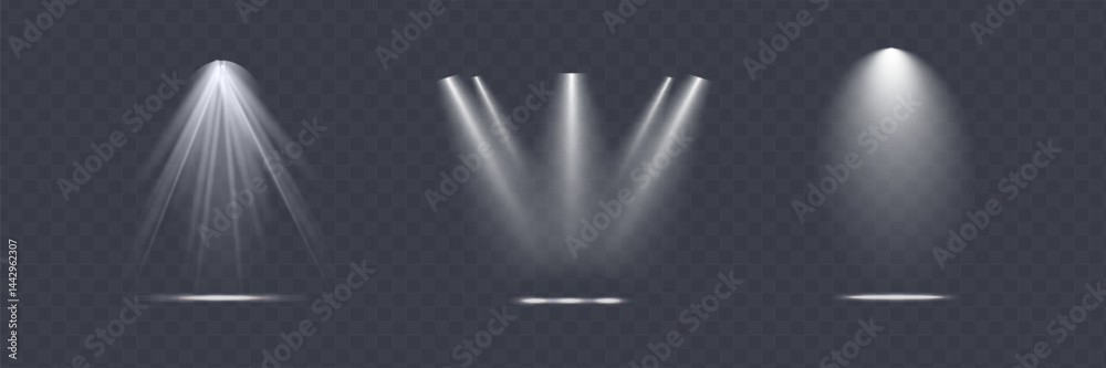 The spotlight shines on the stage. Spotlight set. Llight from a lamp or spotlight. White projector. Lighted scene. Podium under the spotlight.
