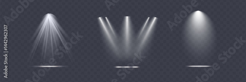 The spotlight shines on the stage. Spotlight set. Llight from a lamp or spotlight. White projector. Lighted scene. Podium under the spotlight.