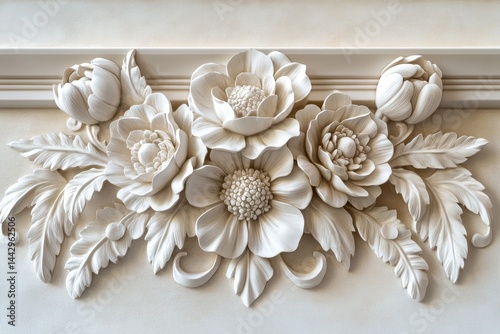 Ornate floral relief carving design on a wall trim.