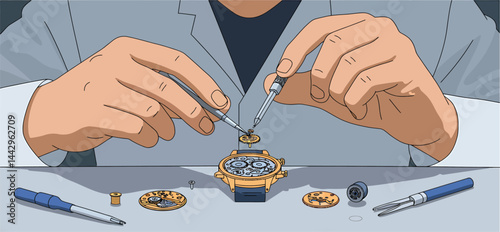 Watchmaker Repairing Tiny Gears - Vector Illustration