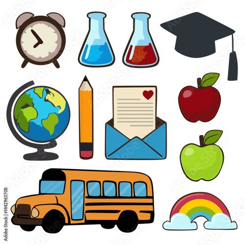 back to school icons set. vector consists of school bus, pencil, globe, apple, receding, clock, graduation cap, chemical test tube