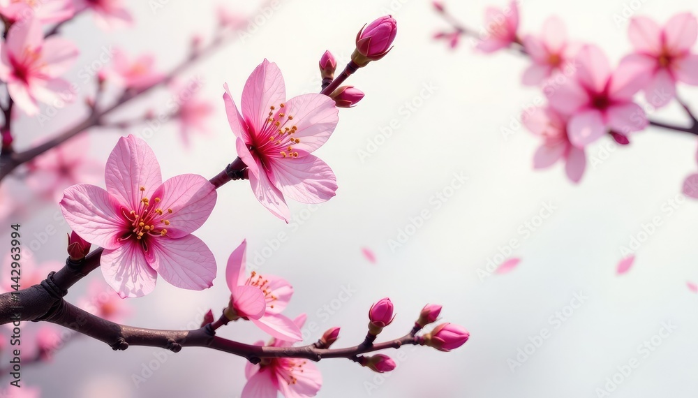 Intricate sakura branch pattern, showcasing blossoms in various stages of bloom , soft, fabric, art Intricate sakura branch pattern, showcasing blossoms in various stages of bloom , soft, fabric, art