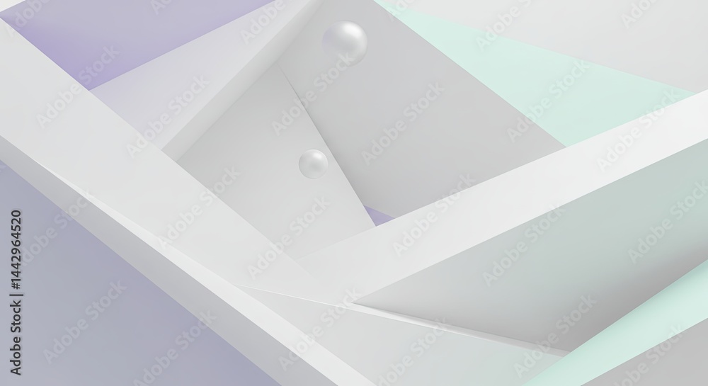 A white background with a blue and green triangle and two white spheres