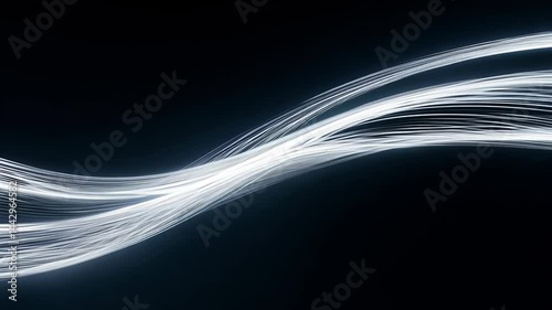 Abstract futuristic wave lines, flowing neon curves, glowing electric trails, high-tech energy waves, dark background, 3D smooth textures, vibrant blue and purple hues, minimal yet dynamic composition