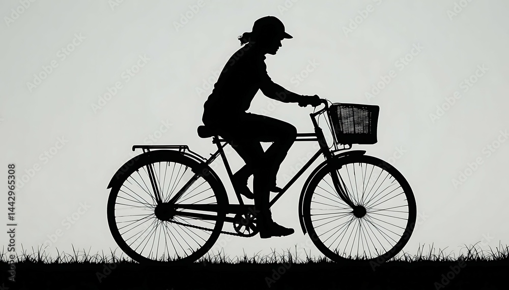 Obraz premium Person Riding Bicycle Silhouette with Basket on Grass