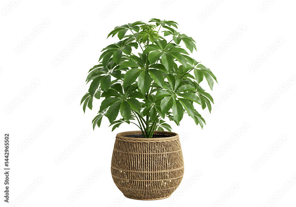 Fototapeta premium Isolated Umbrella Plant in Woven Pot on Seamless White Background