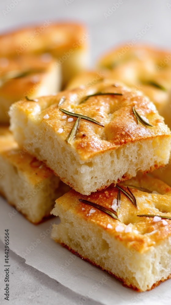 Delicious fresh baked focaccia bread with rosemary and sea salt on a bright background capturing the essence of Italian cuisine with a close up shot Delicious fresh baked focaccia bread with rosemary and sea salt on a bright background capturing the essence of Italian cuisine with a close up shot