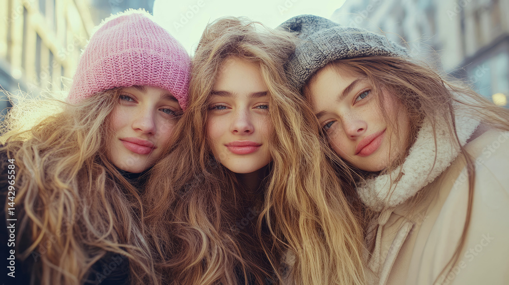 Fototapeta premium Winter Friends: A trio of young woman wearing cozy hats, exuding warmth and friendship on a chilly day.