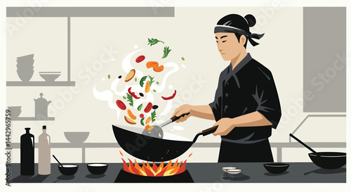Minimalist Chef Wok Toss, Vector Art